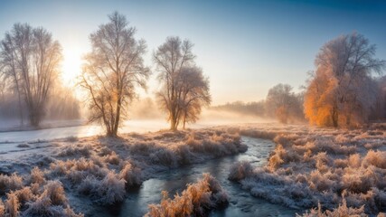Naklejka premium Frosty morning light illuminating a serene river landscape with trees at dawn