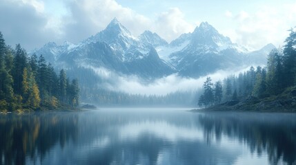 Fototapeta premium Serene mountain landscape with a reflective lake and misty atmosphere.