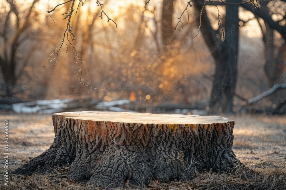 Poster tree trunk table in nature garden park with drooping branch.
