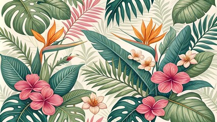 Tropical Paradise Wallpaper Retro Art Illustration.