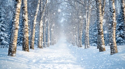 Fototapeta premium A snowy path winds through a birch tree forest, sunlight filtering through the branches.