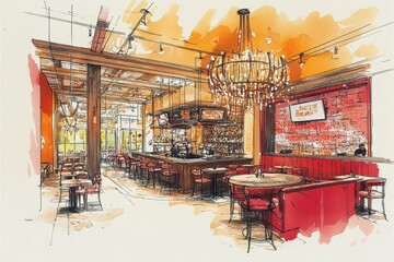 Fototapeta premium Rustic Cafe Hand-Drawn Sketch with Warm Tones