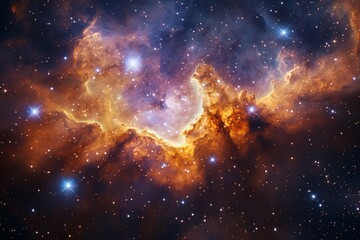 Fototapeta premium An awe-inspiring outer space scene illustrating a distant galaxy cluster, featuring swirling nebulae in vivid colors and twinkling stars scattered across a backdrop of deep cosmic blue