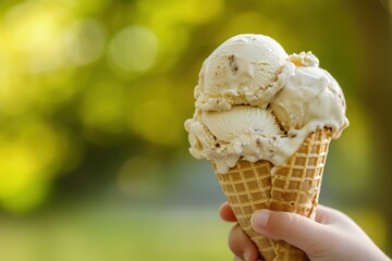 Ice cream cone with three scoops, held in a child hand, dripping slightly