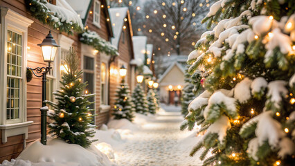 Snow-covered village street decorated for Christmas with festive trees and holiday lights