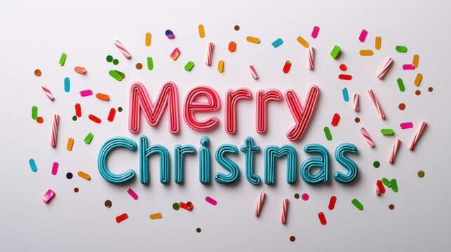 A colorful "Merry Christmas" greeting surrounded by festive candies and sprinkles on a light background. - Powered by Adobe