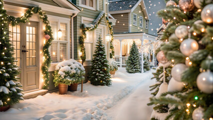 Snowy village street with Christmas decorations, festive trees, and twinkling holiday lights