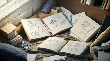 Obraz premium A cozy corner with open notebooks filled with sketches, pens scattered around, and papers that evoke the early stages of creativity and planning.
