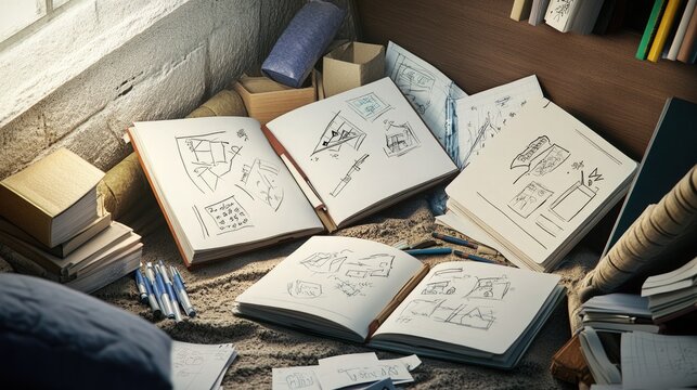 A cozy corner with open notebooks filled with sketches, pens scattered around, and papers that evoke the early stages of creativity and planning.