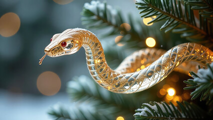 Fototapeta premium Festive 3D gold glass toy Snake in a Santa hat holding a Christmas tree, celebrating. Holiday greeting cards, New Year designs, and winter celebrations