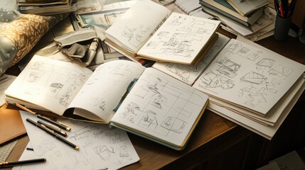 Obraz premium A cozy corner with open notebooks filled with sketches, pens scattered around, and papers that evoke the early stages of creativity and planning.
