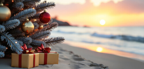 Close-up of Christmas decorations on the branches of a fir tree against the sea horizon with space for text. Concept of vacation, hot vacation packages, seasonal trip