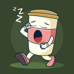 Cartoon Coffee Cup Character Feeling Sleepy with Yawning Pose