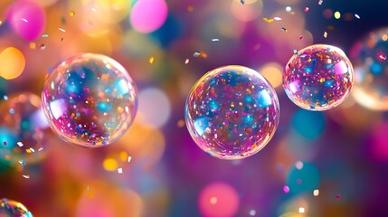 Bubble-style 3D 7.7 with vibrant colors and a confetti-filled background