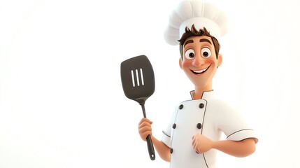 a 2D cartoon illustration of a chef holding a spatula, ready to cook, white background--ar 16:9