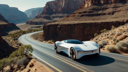 Futuristic electric car driving through a scenic desert canyon road in bright daylight