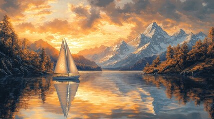 Obraz premium Sailboat at Sunset on a Mountain Lake