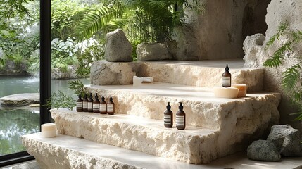 Sustainable hemp products showcased on a sleek marble podium surrounded by natural elements like stones and leaves creating an earthy and organic setting for a clean modern product display