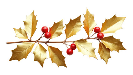 Close-up of gold holly leaves with berries on a white background. PNG transparent. Merry Christmas theme, design element