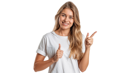 Portrait of a smiling woman pointing and giving a thumbs up, isolated on transparent background