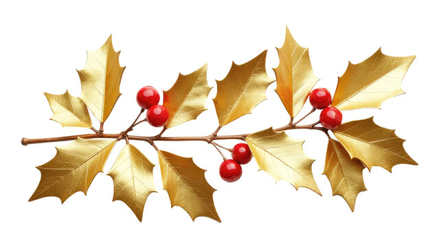 Fototapeta Close-up of gold holly leaves with berries on a white background. PNG transparent. Merry Christmas theme, design element