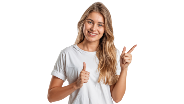 Portrait of a smiling woman pointing and giving a thumbs up, isolated on transparent background