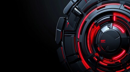A futuristic circular design featuring glowing red elements against a dark background.