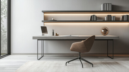 Contemporary small office interior with a minimalist desk, comfortable chair, and wall-mounted shelves for efficient use of space