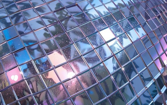 Abstract glamorous texture of nostalgic polished holographic mirror 2000s disco ball, y2k otherworldly nostalgia past millennium era. Gleaming reflective retro-futurism, stylish psychedelic hologram