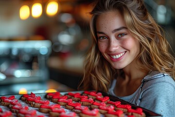 Fototapeta premium A woman is smiling and holding a tray of red cookies