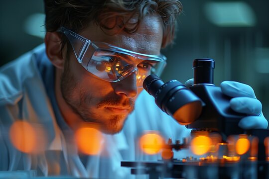 A man wearing a lab coat and goggles is looking through a microscope