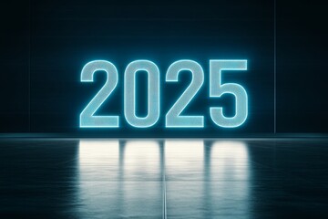 Illuminated 2025 in blue neon lights on dark reflective surface