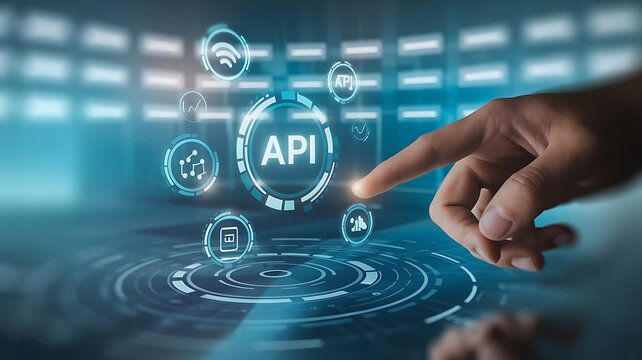 API interface, Application programming interface, Businessmen Interacting with a Futuristic API Interface, business technology, API integration