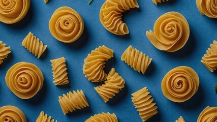 A variety of pasta shapes arranged artistically on a blue background.