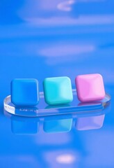 Opalescent acrylic buttons in blue and pink on glass with warm lighting  perfect for product showcases and digital backgrounds
