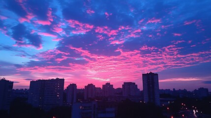 Fototapeta premium Vibrant City Sunset with Illuminated Clouds