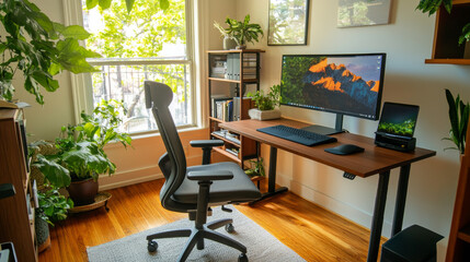 Ergonomic work-from-home setup with a comfortable office chair, laptop stand, and adjustable height desk for optimal posture