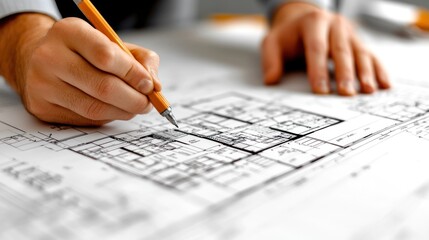 Closeup of an architect's hands drawing on a blueprint.