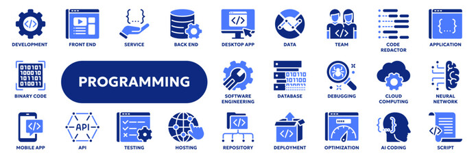 Set of vector solid icons related to programming and coding, desktop and mobile application development, software engineering. Symbols for website or app ui, logo design, illustration