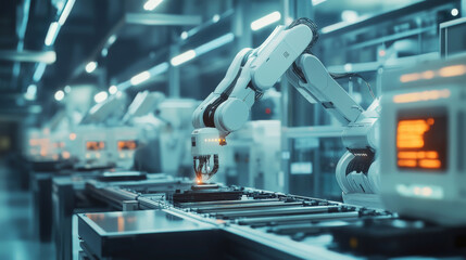 Fototapeta premium High-tech manufacturing plant using AI-driven robots for precision tasks, automated assembly lines, and real-time data monitoring