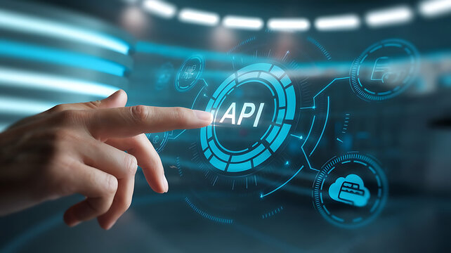 API interface, Application programming interface, Businessmen Interacting with a Futuristic API Interface, business technology, API integration