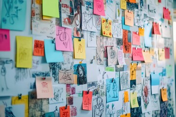 A creative environment with a wall full of colorful sticky notes and sketches pinned up, creating an inspiring atmosphere for brainstorming.