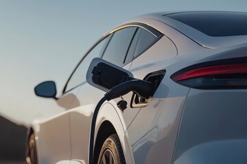Obraz premium Electric Car Charging Close Up at Sunset