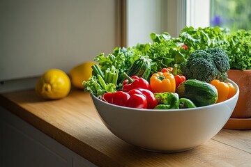 Fresh vegetables including lettuce, peppers, and broccoli arranged in a bowl on a kitchen countertop in natural lighting. Generative AI