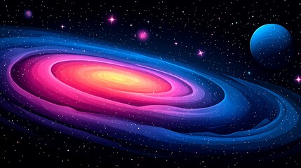 A vibrant, colorful spiral galaxy with a bright center and a planet in the background against a backdrop of twinkling stars.