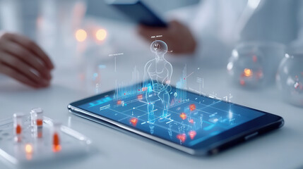 futuristic medical scene featuring tablet displaying holographic patient model, surrounded by laboratory equipment and glowing elements, conveying innovation in healthcare