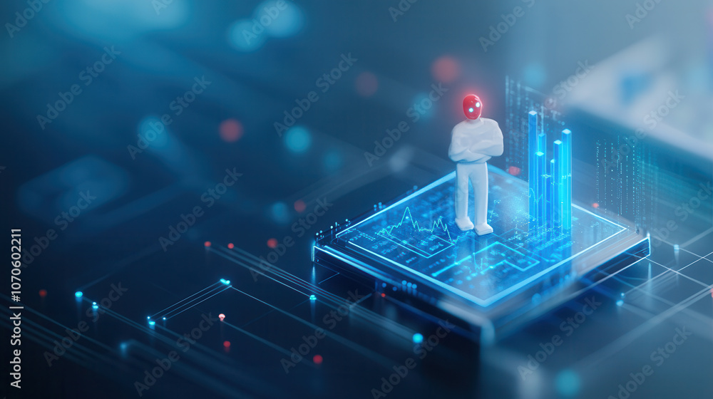 Poster futuristic isometric scene featuring digital figure on glowing platform, surrounded by data visualiz
