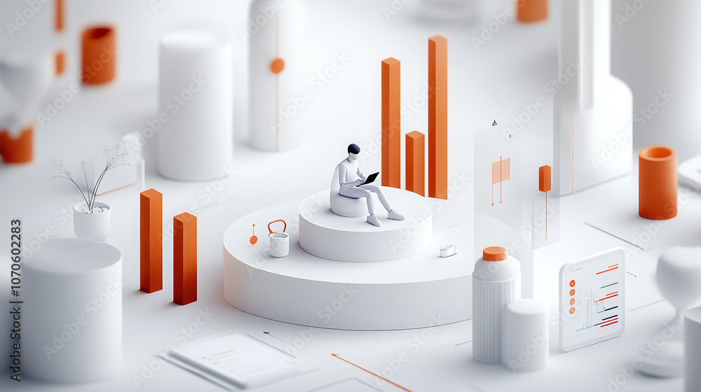 Poster minimalist isometric scene featuring person sitting on circular platform, engaged with device amidst