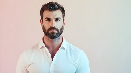 Obraz premium portrait of stylish man isolated on pastel background pastel backgound. A serious, attractive, and motivated model man, is isolated against a soft over white pastel color background.