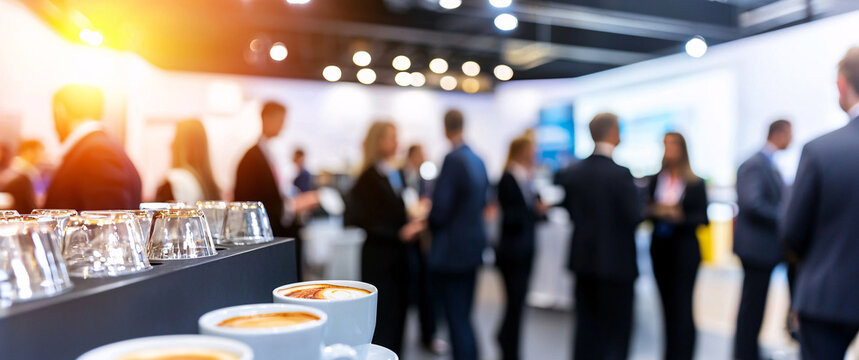 Close up of coffee cups at business event, with blurred attendees networking in background, creating vibrant atmosphere of collaboration and conversation